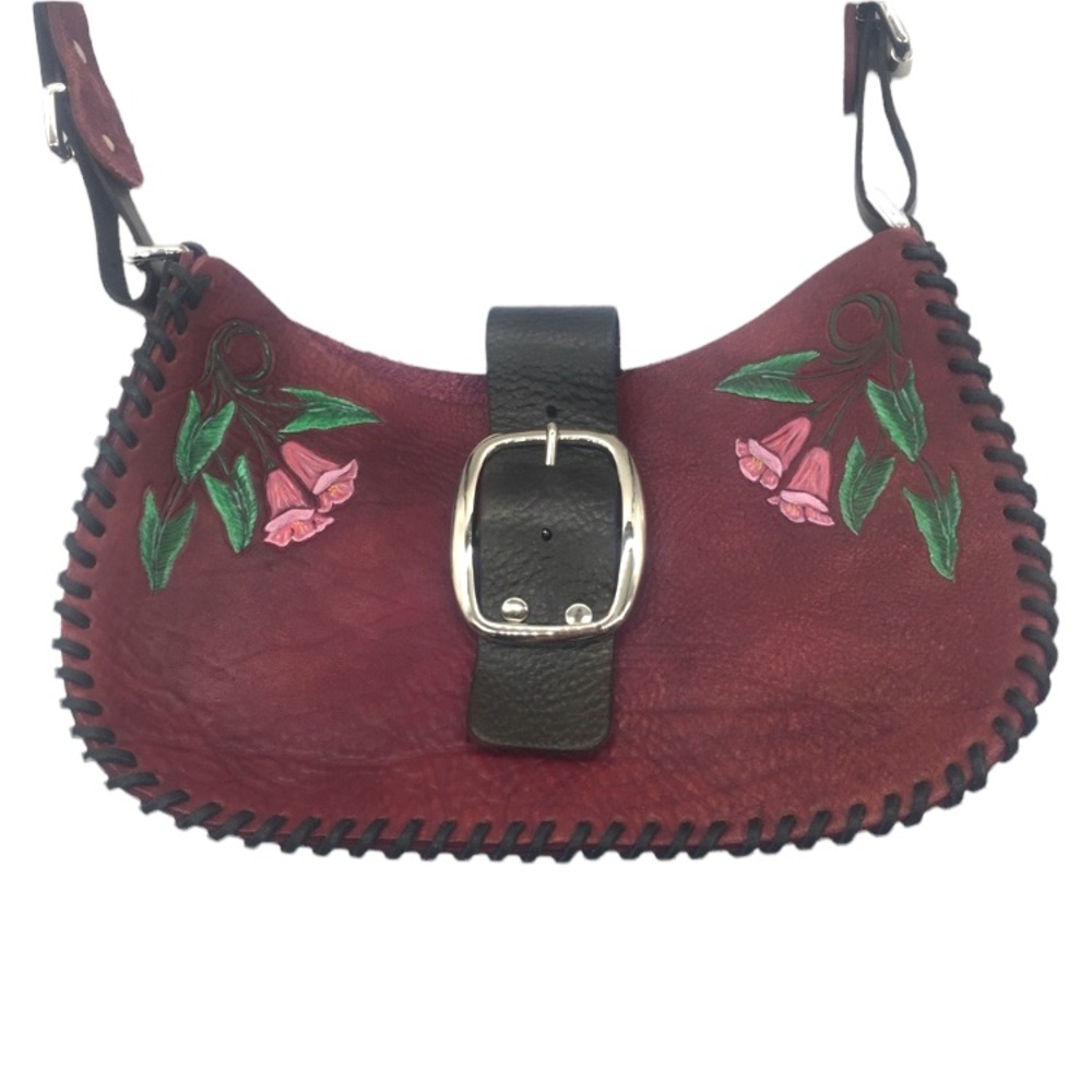 Unique handmade bag maroon black genuine leather flowers red shoulder bag